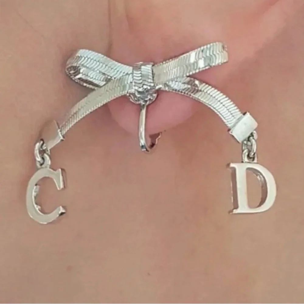 Christian Dior CD Silver Bow Dangle Monogram Earrings RARE! - Picture 8 of 8